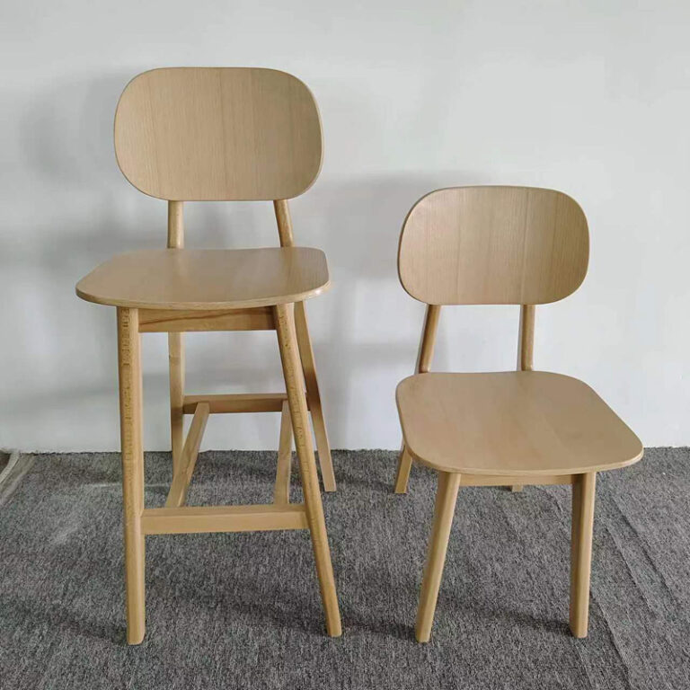 Beech wood bar stool and dining chair side by side comparison by Dejell