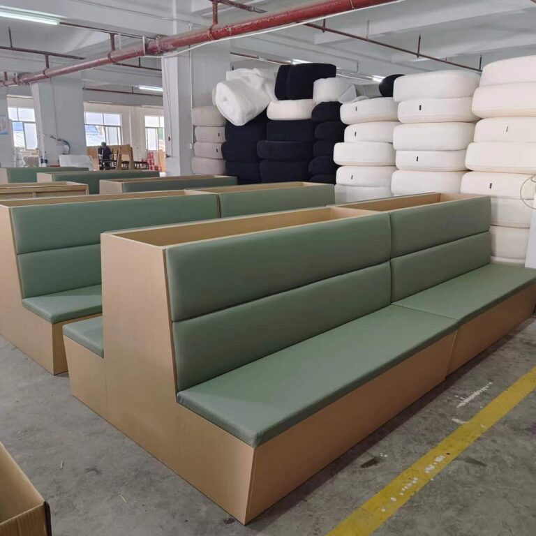 Multiple restaurant booth seating units in production at Dejell factory