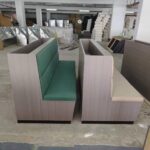 Restaurant booth seating in dark green and beige upholstery side by side comparison