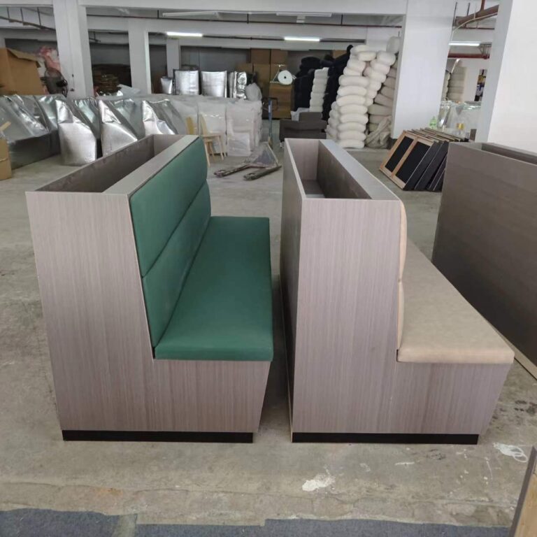 Restaurant booth seating in dark green and beige upholstery side by side comparison