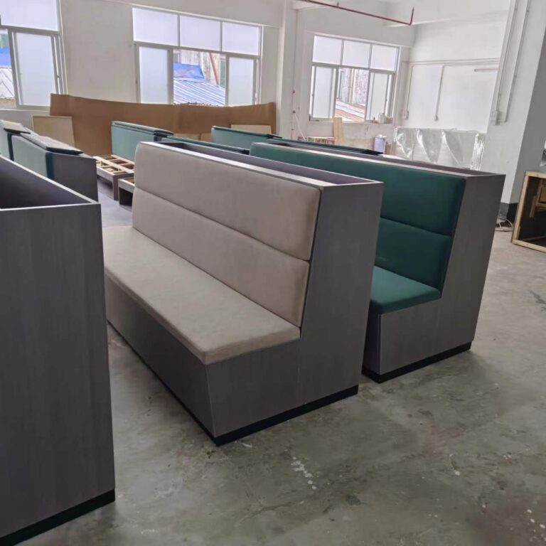 Commercial restaurant booth seating ready for shipment in green and beige by Dejell