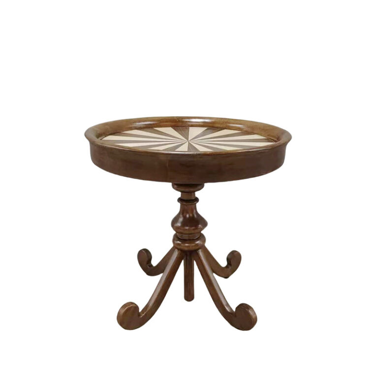 Ash wood round side table with sunburst veneer top and cabriole legs by Dejell