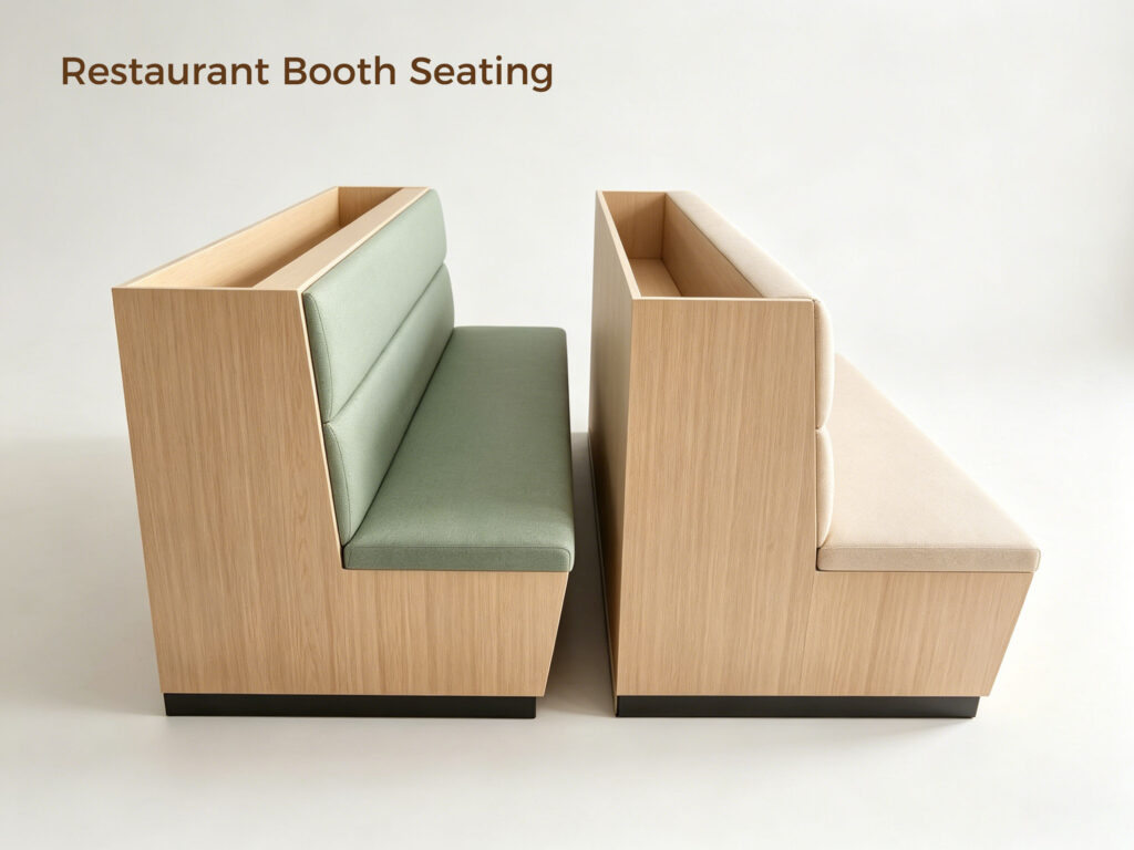 Restaurant booth seating in sage green and beige with fireproof laminate frame and planter trough by Dejell