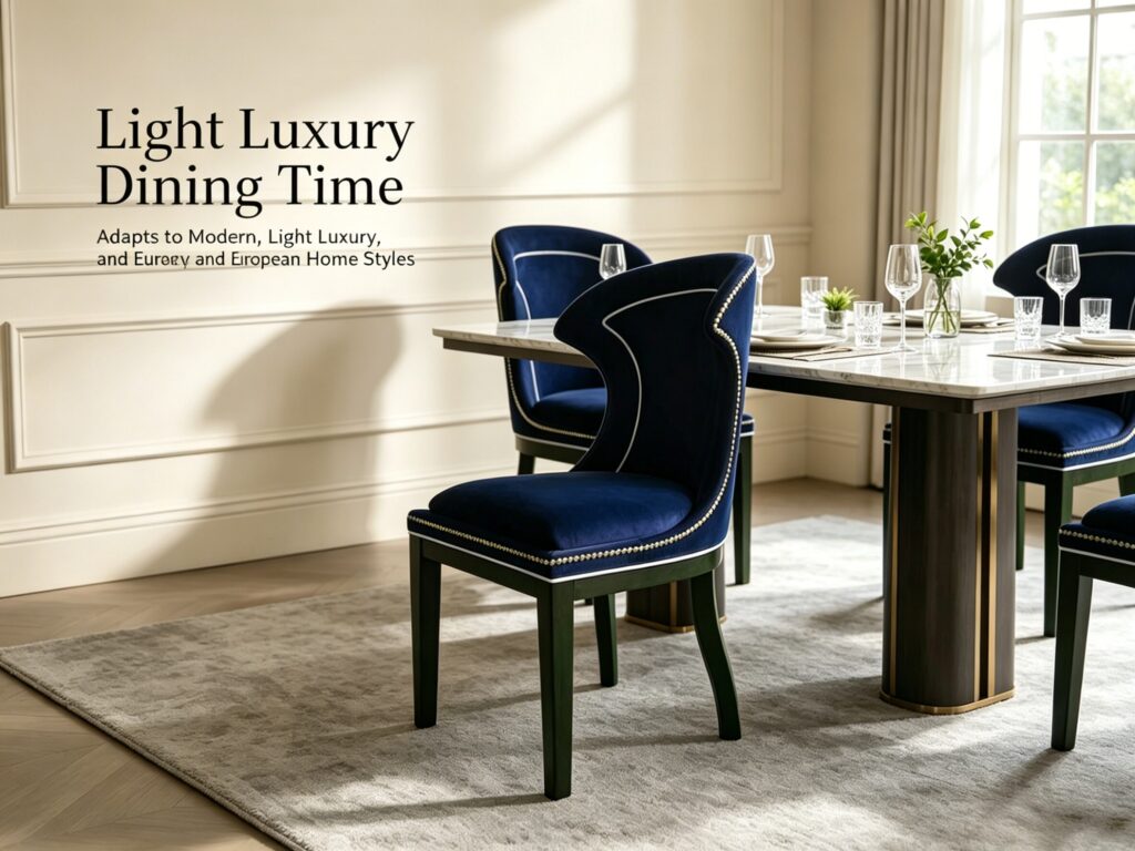 Blue velvet upholstered dining chairs with solid wood legs in light luxury restaurant setting with marble table