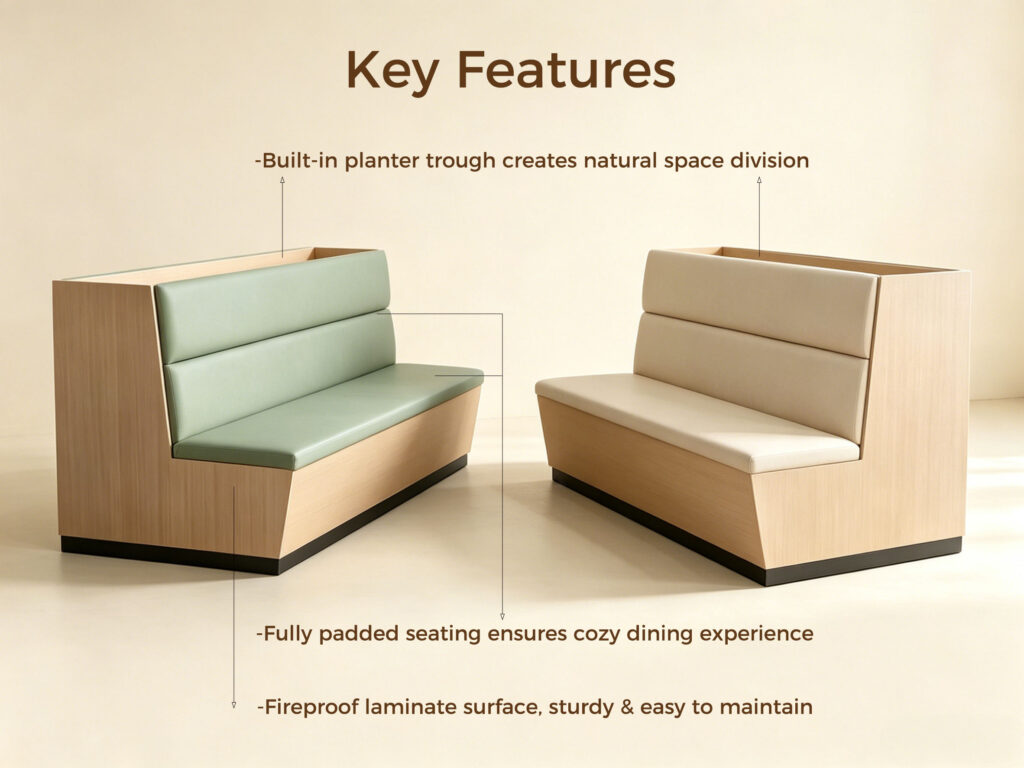 Restaurant booth key features - built-in planter trough, fully padded seating, fireproof laminate surface by Dejell