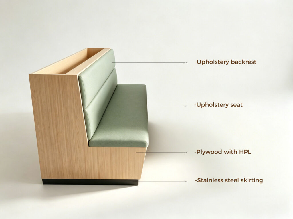 Restaurant booth material breakdown - upholstered backrest and seat, plywood with HPL, stainless steel skirting