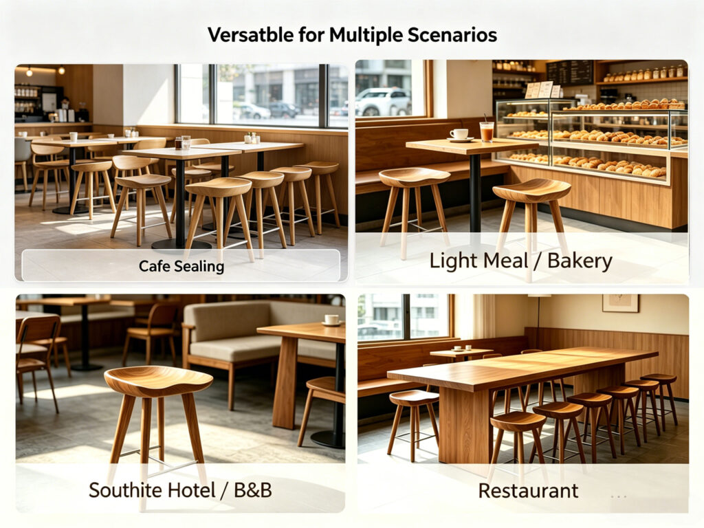 White oak bar stool in cafe, bakery, boutique hotel and restaurant dining scenarios by Dejell