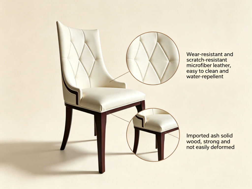 Diamond tufted dining chair detail showing microfiber leather and solid ash wood frame by Dejell