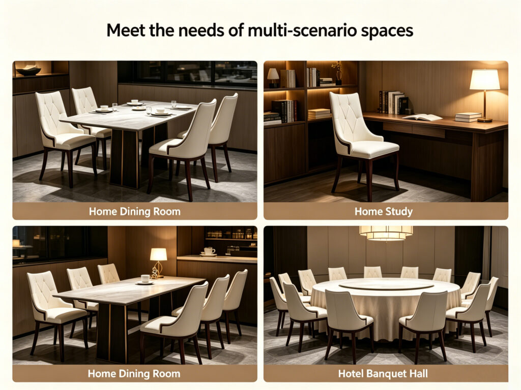 Diamond tufted upholstered chairs in home dining, study, and hotel banquet hall settings by Dejell