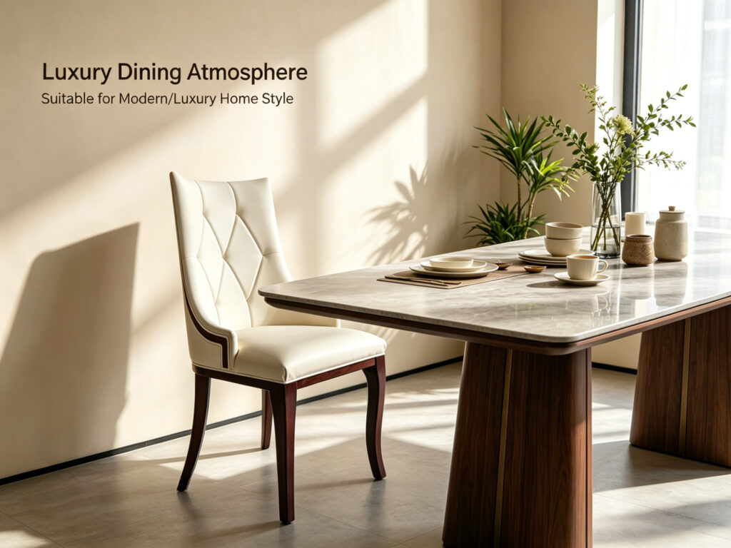 Cream diamond tufted dining chairs with marble table in luxury dining room setting