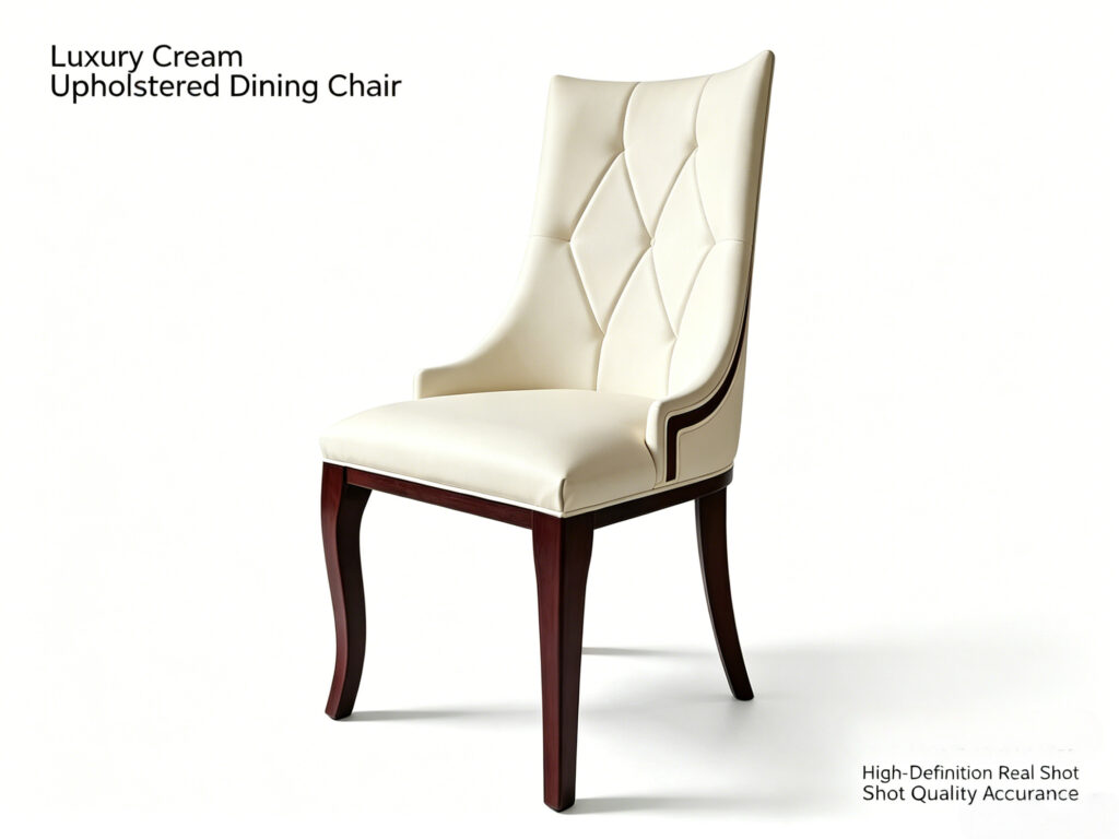 Cream upholstered dining chair with diamond tufted back and solid wood legs by Dejell