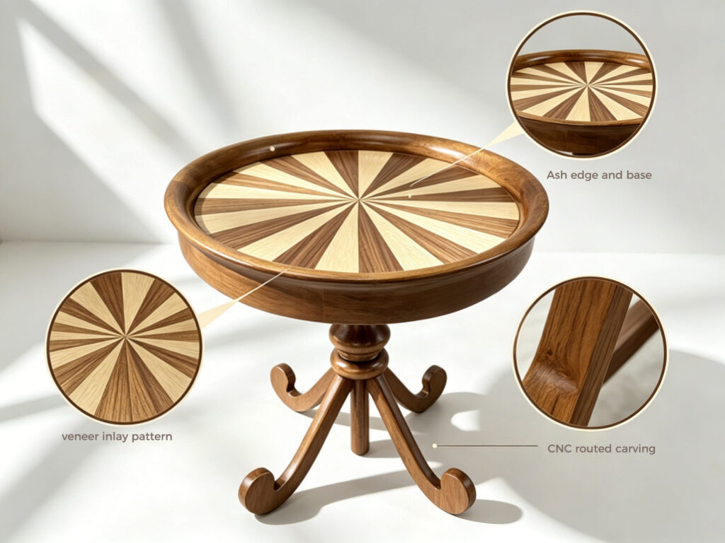 Round side table anatomy showing raised edge design, cabriole legs with scroll feet and stable base by Dejell