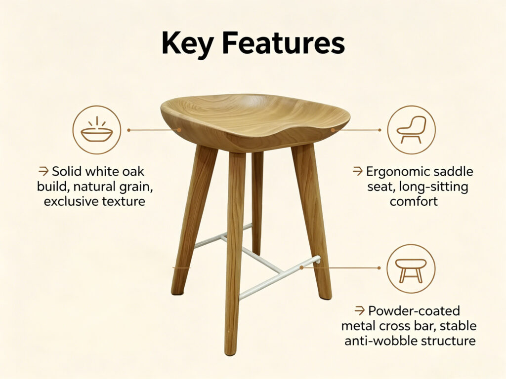 White oak bar stool key features - solid oak build, ergonomic saddle seat, metal cross bar by Dejell