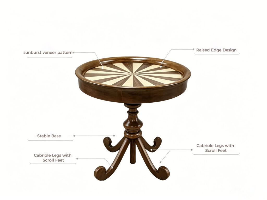 Ash wood round side table detail showing sunburst veneer pattern, solid edge and CNC routed carving by Dejell
