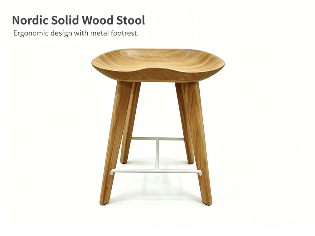 Nordic solid wood bar stool with ergonomic seat and powder-coated metal footrest by Dejell
