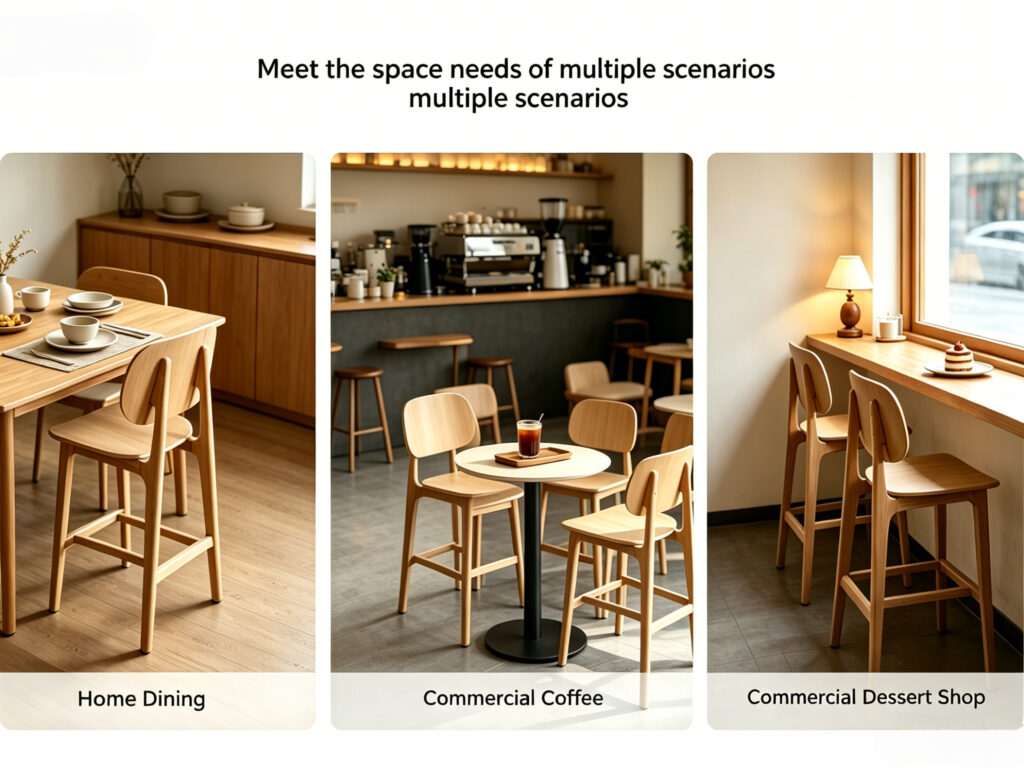Beech wood bar stool in multiple scenarios - home dining, commercial cafe and dessert shop by Dejell