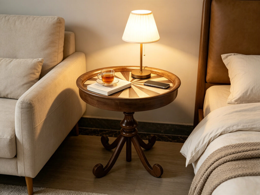 Ash wood round side table with sunburst top beside sofa in cozy living room setting