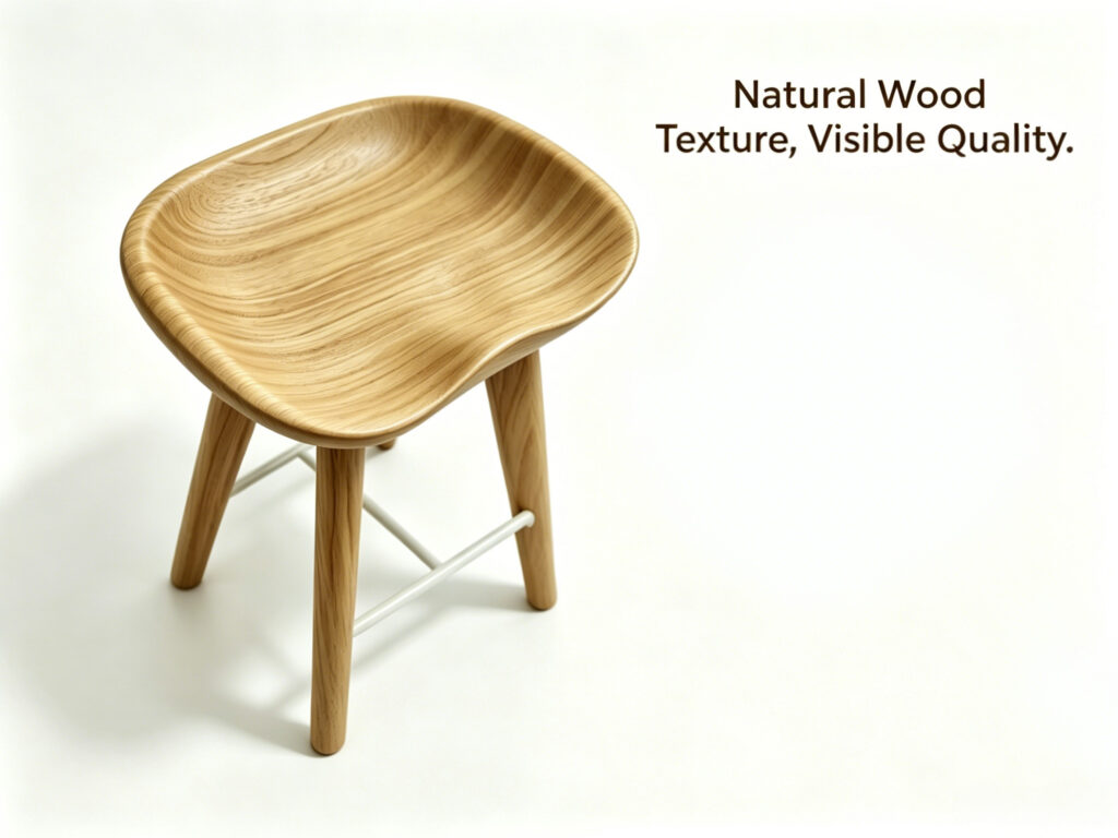 Natural white oak dining stool with cloud-shaped seat and visible wood grain by Dejell