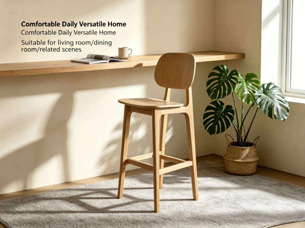 Beech wood bar stool in versatile home setting with natural light and wall shelf