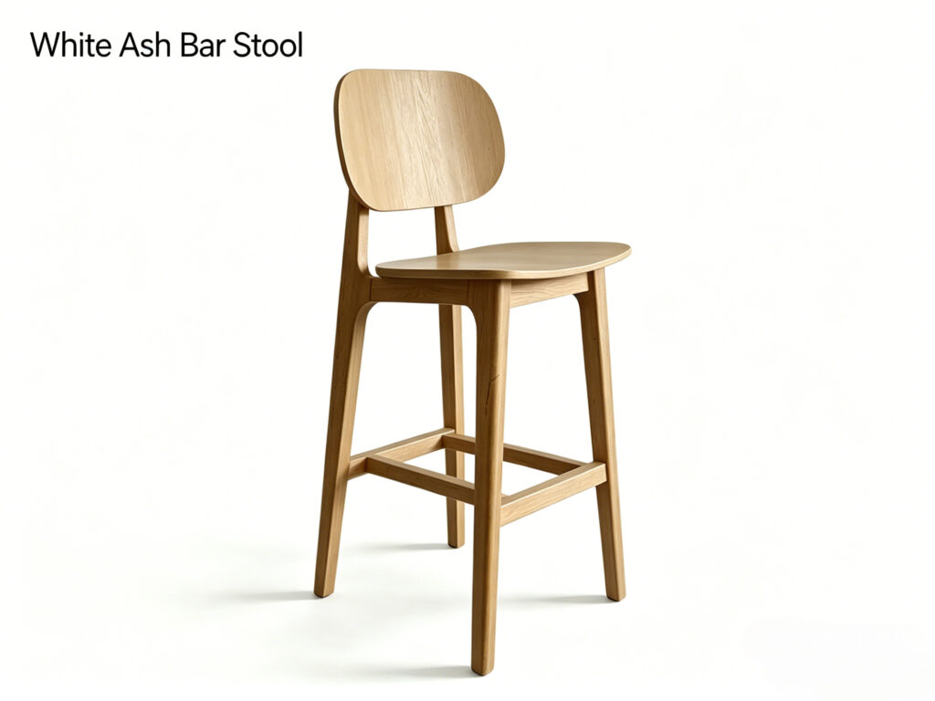 White ash wood bar stool with curved back and solid wood cross-bar by Dejell