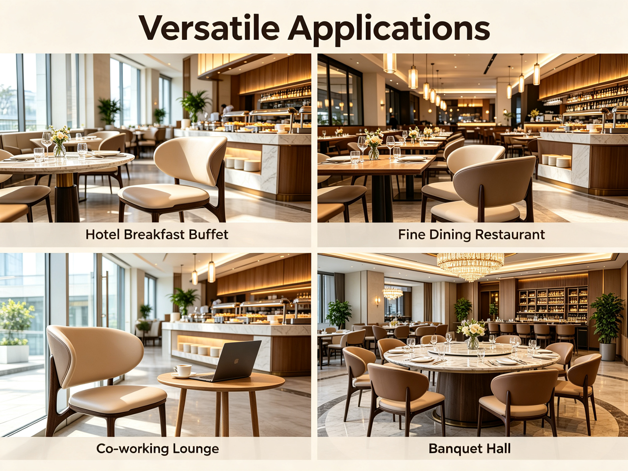 Dejell dining chair versatile applications - hotel breakfast buffet, fine dining restaurant, co-working lounge, banquet hall