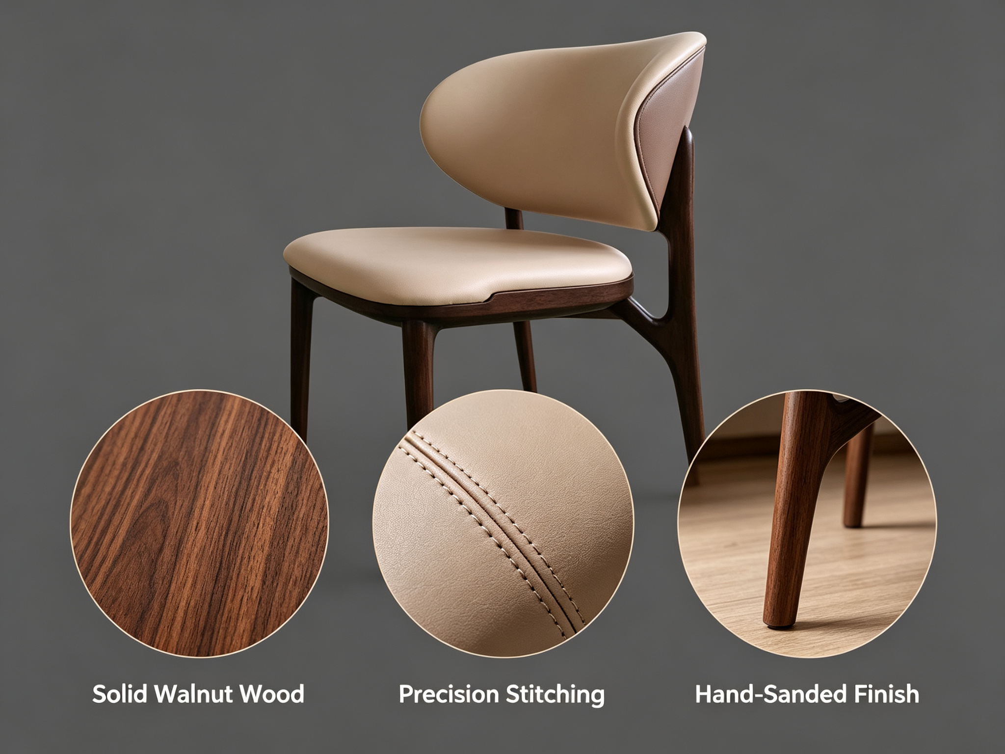 Dejell dining chair material details - solid walnut wood grain, precision stitching, hand-sanded finish