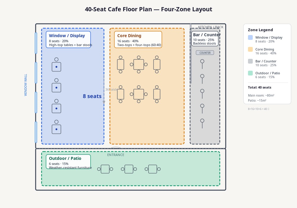 Four-zone cafe seating configuration: window, core dining, bar, and outdoor areas