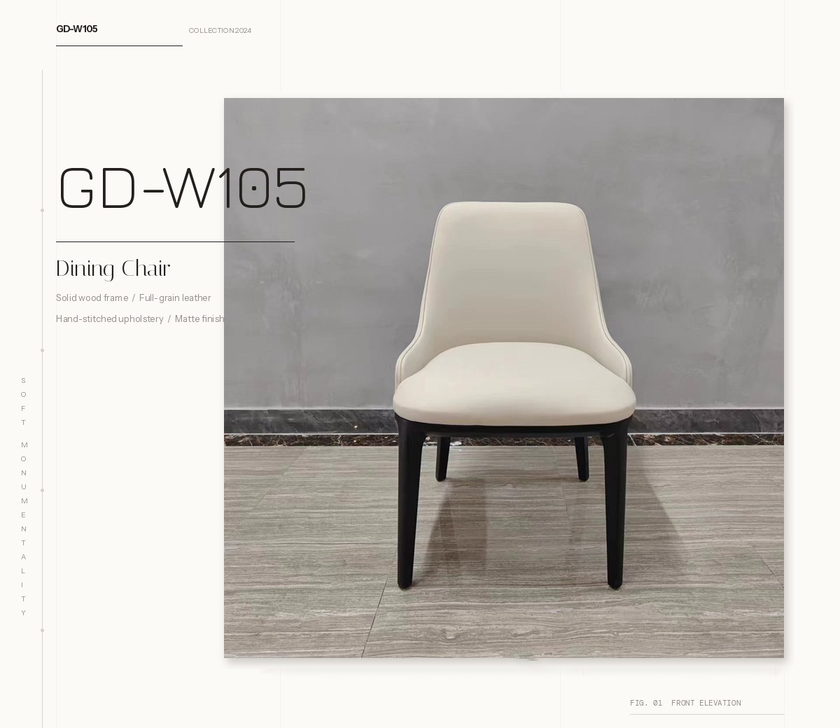 GD-W105 cream white upholstered dining chair front view with solid white ash wood frame and wear-resistant PU leather, by Dejell