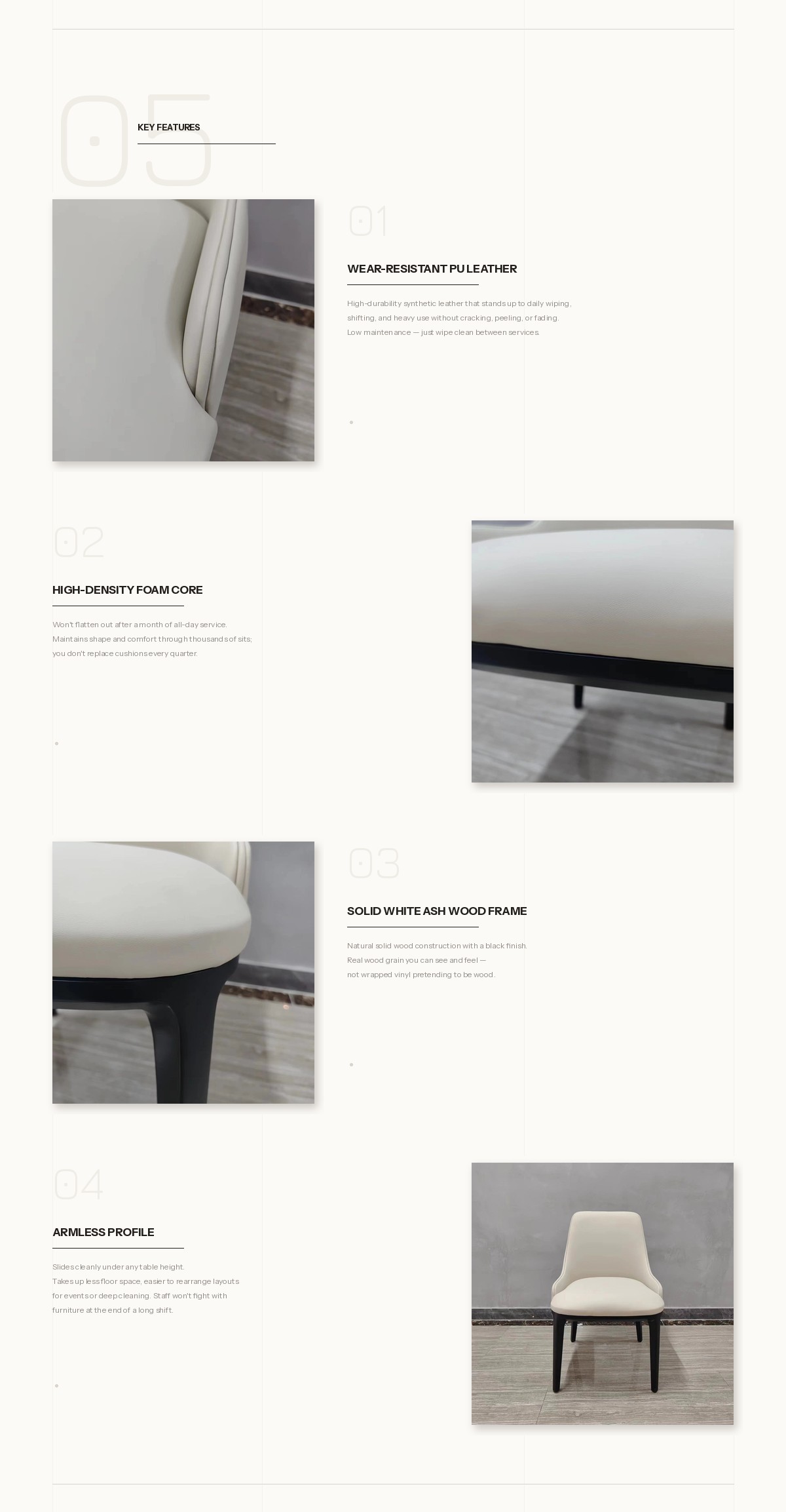 GD-W105 dining chair key features: wear-resistant PU leather upholstery, high-density foam core, solid white ash wood frame, armless space-saving profile, by Dejell