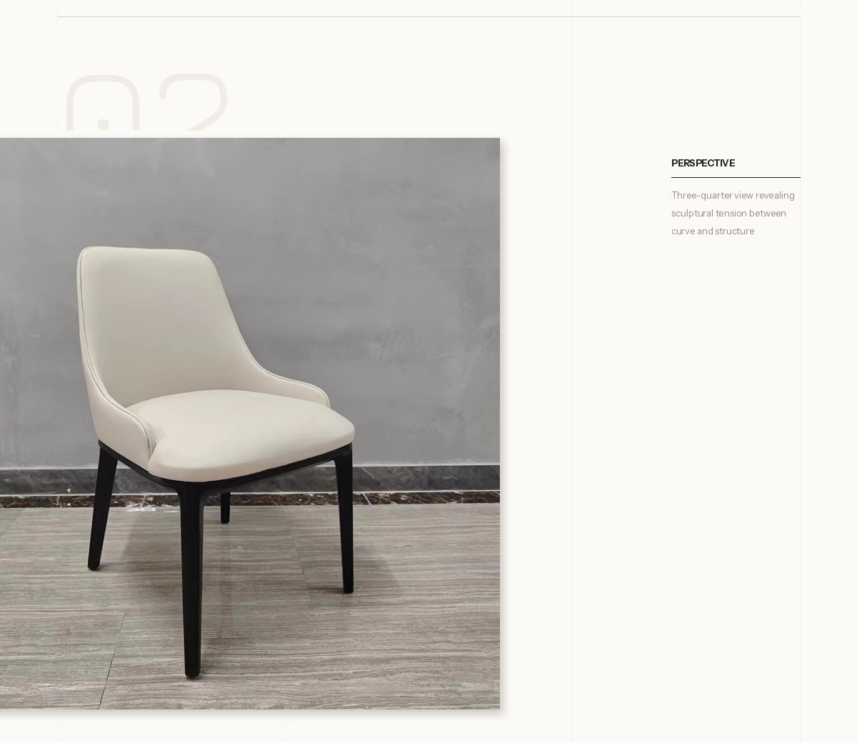GD-W105 cream white dining chair three-quarter perspective view showing curved wraparound backrest and black solid wood legs, by Dejell