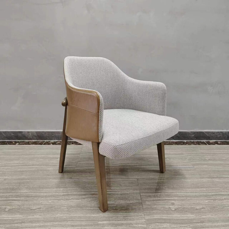 Dejell GD-W106 dining chair 3/4 side angle view showing curved backrest and solid ash wood frame