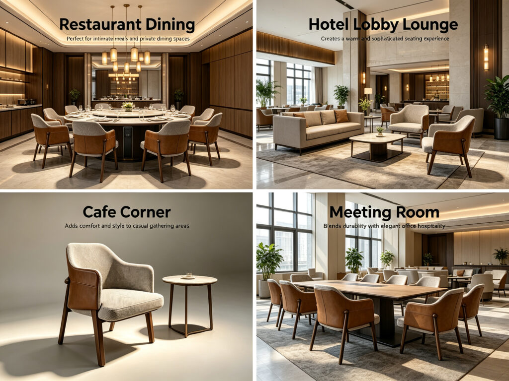 GD-W106 dining chair applications - Restaurant Dining, Hotel Lobby Lounge, Cafe Corner, Meeting Room