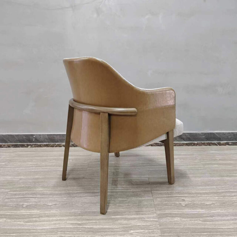 Dejell GD-W106 dining chair back view showing curved leatherette backrest and horizontal wooden armrest bar