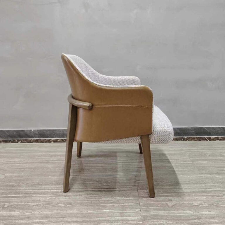 Dejell GD-W106 curved backrest dining chair with solid ash wood frame, brown leatherette and textured fabric - front 45-degree view