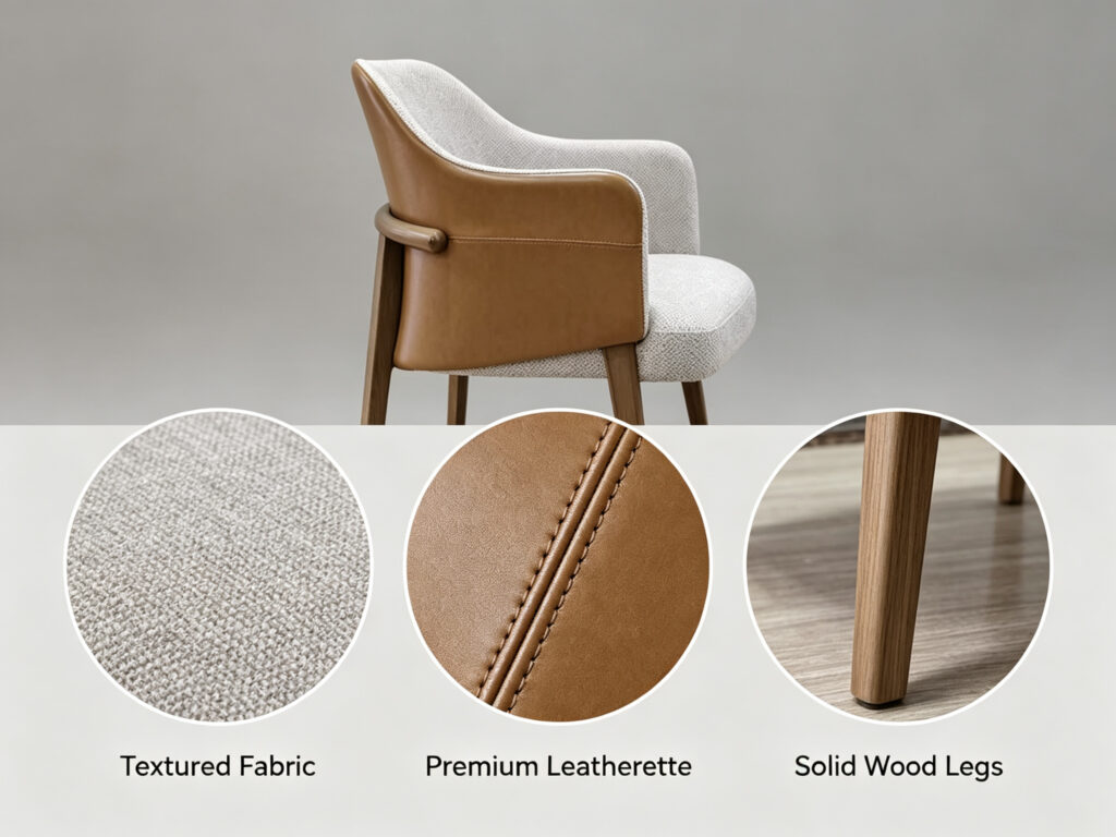 GD-W106 material details - Textured Fabric seat, Premium Leatherette exterior, Solid Wood Legs