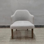 Dejell GD-W106 dining chair side profile showing leather and fabric dual-material design with ash wood legs