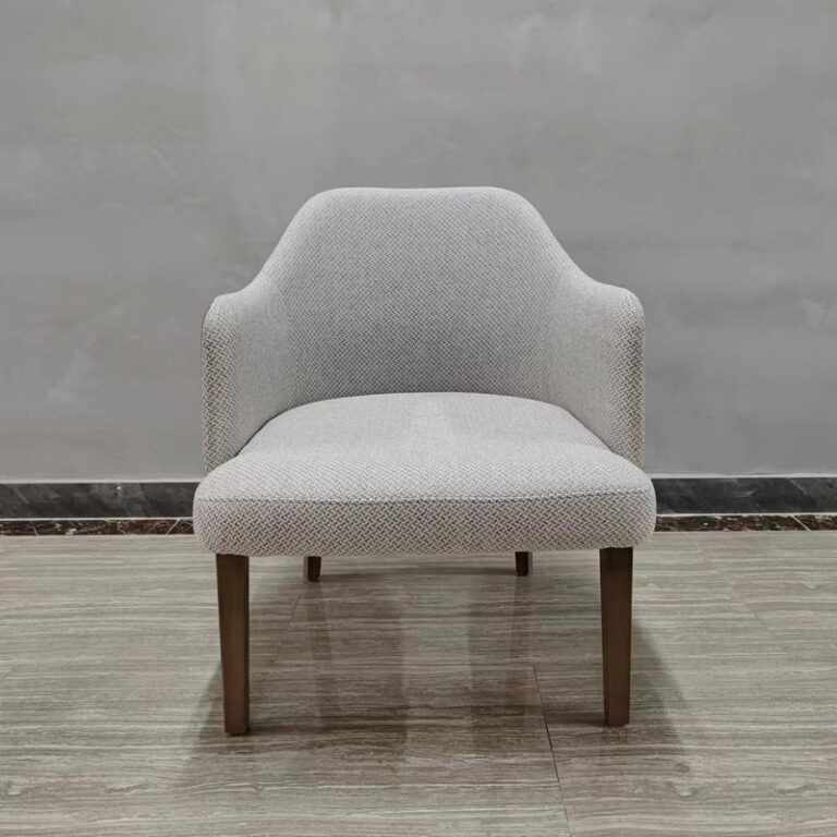 Dejell GD-W106 dining chair side profile showing leather and fabric dual-material design with ash wood legs