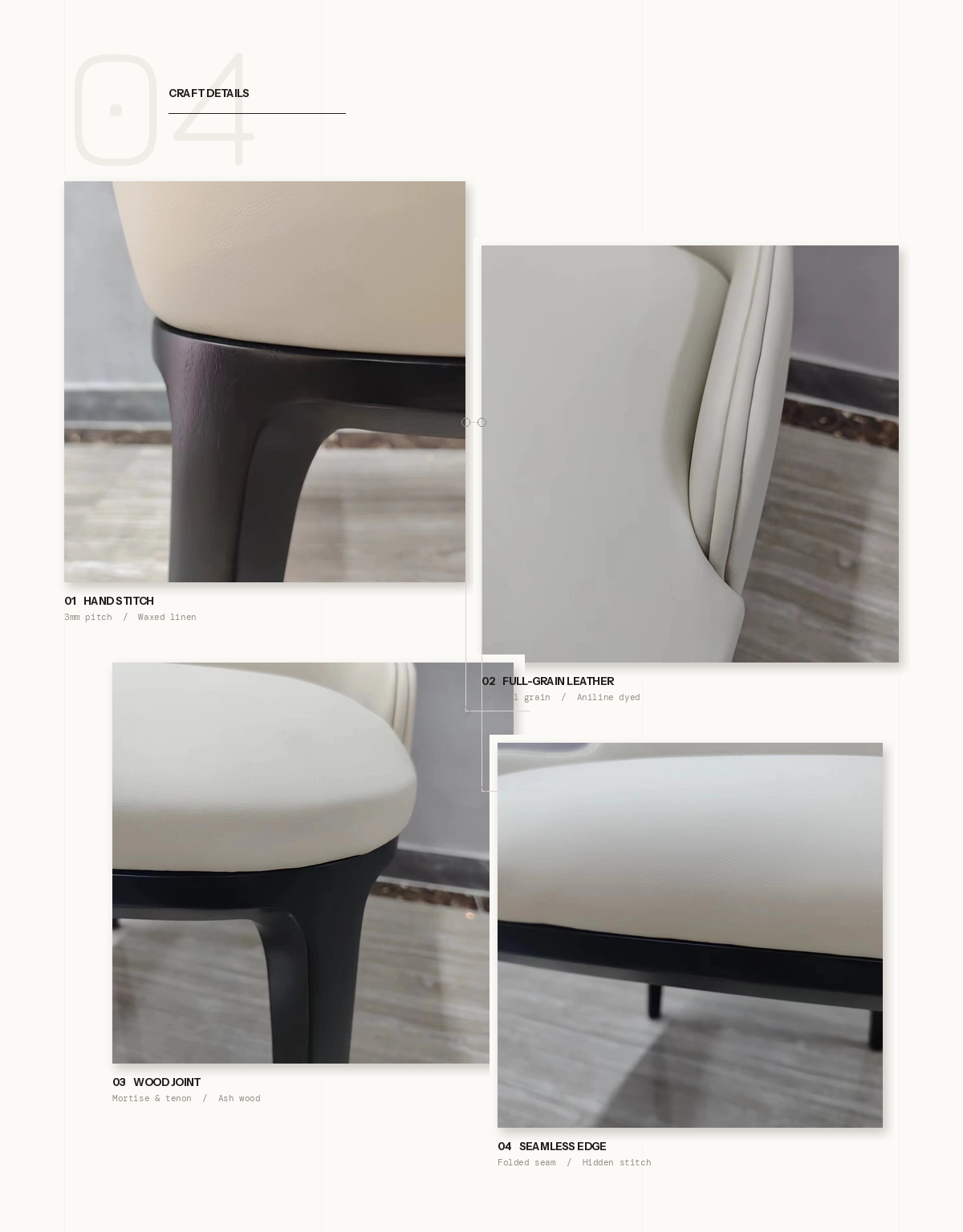 GD-W105 dining chair key features: wear-resistant PU leather upholstery, high-density foam core, solid white ash wood frame, armless space-saving profile, by Dejell