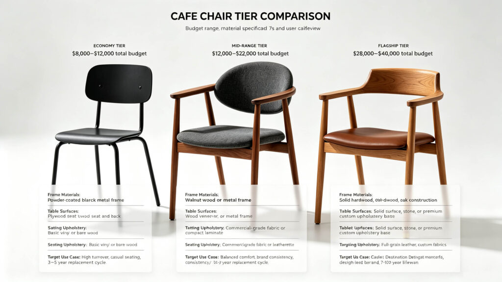 Three tiers of cafe furniture: economy metal and laminate, mid-range wood veneer, flagship solid hardwood-DEJELL