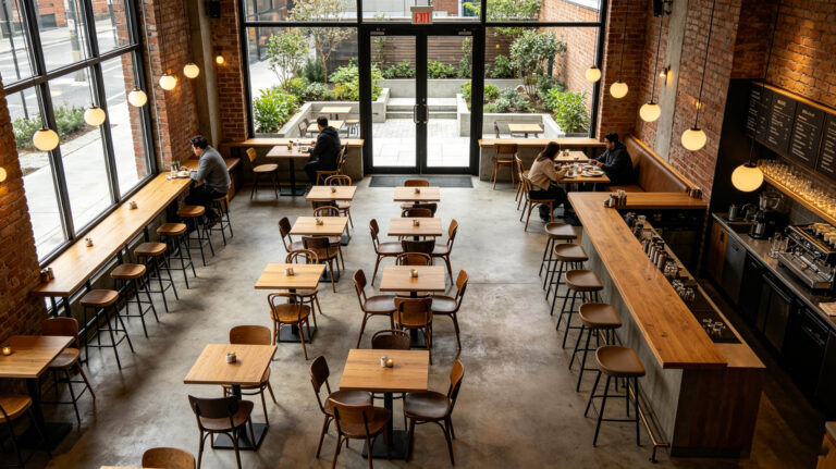 Efficient 40-seat cafe furniture layout with optimized traffic flow and zone seating-DEJELL