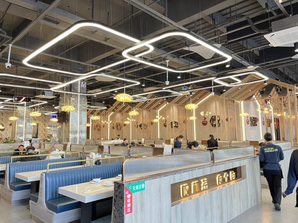 Rows of booth seating in the dining hall