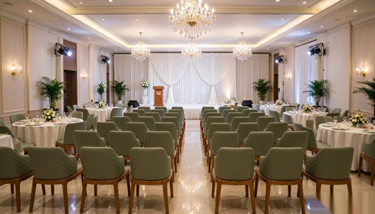 DJ-W384 green upholstered chairs arranged in an elegant banquet and event venue