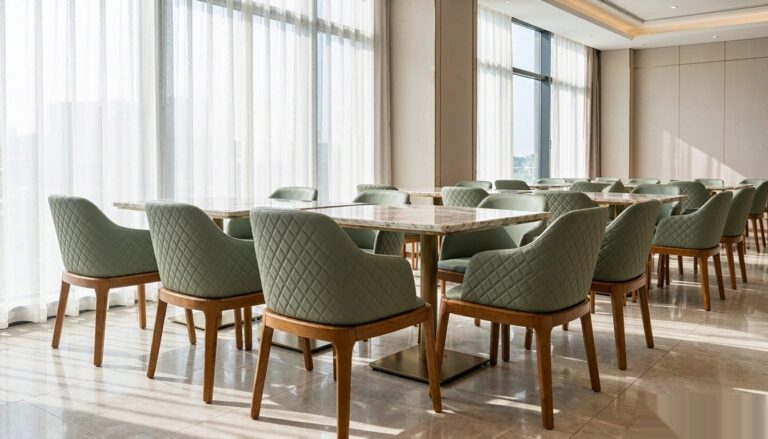 DJ-W384 green upholstered dining chairs in a bright upscale hotel restaurant