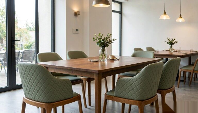 DJ-W384 green upholstered dining chairs in a modern fine-casual restaurant setting