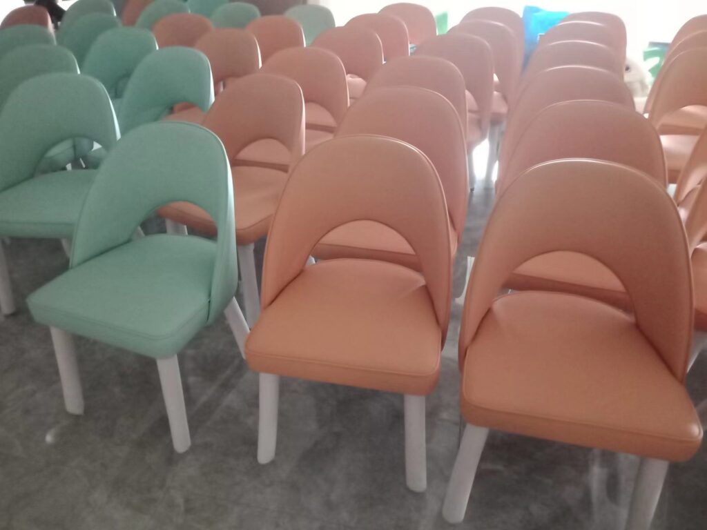 Communal dining tables with matching benches in Hainan University canteen